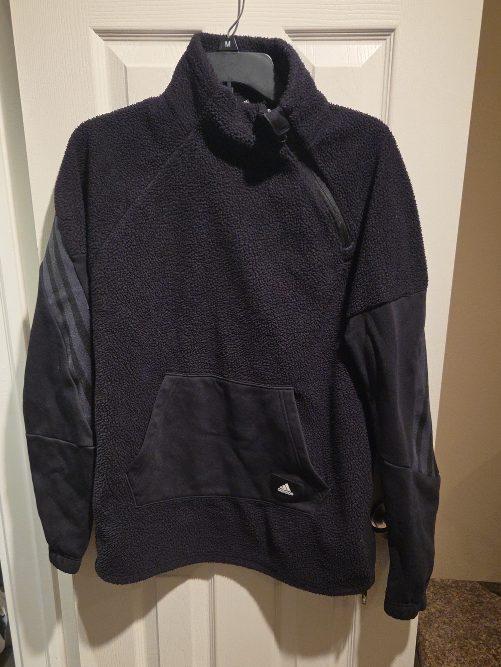 adidas Women's Black Sherpa Fleece Pullover Jacket with Zip Shoulder